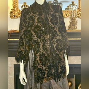 1890s Victorian "La Belle Epoch" Black Floral Cut Velvet w Glass Beaded Fringe